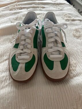 Puma White and Green Suede-Accent Sneakers